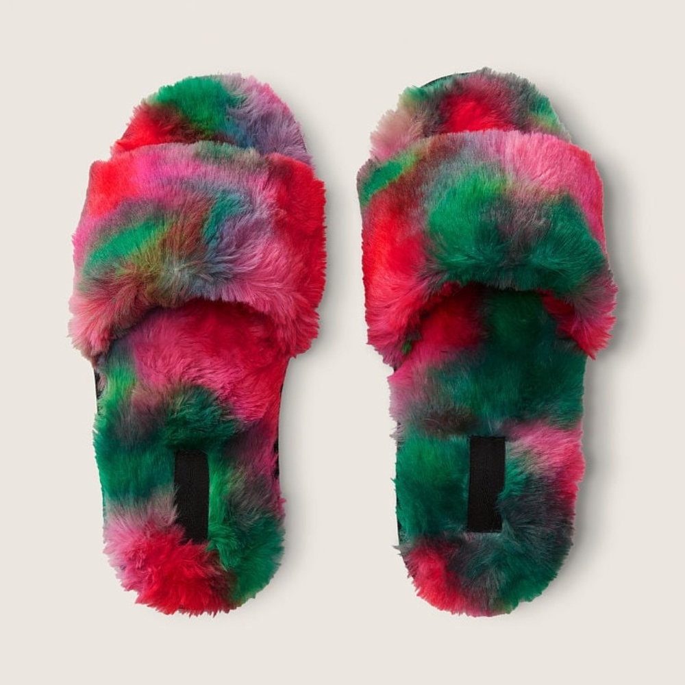 VS PINK Faux Fur Slippers Red Various Sizes Multicolor